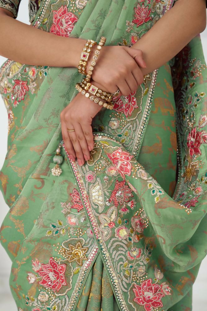 Kesar Fab Grace In Green: Multi-Thread Embroidered With Floral Elegance Saree