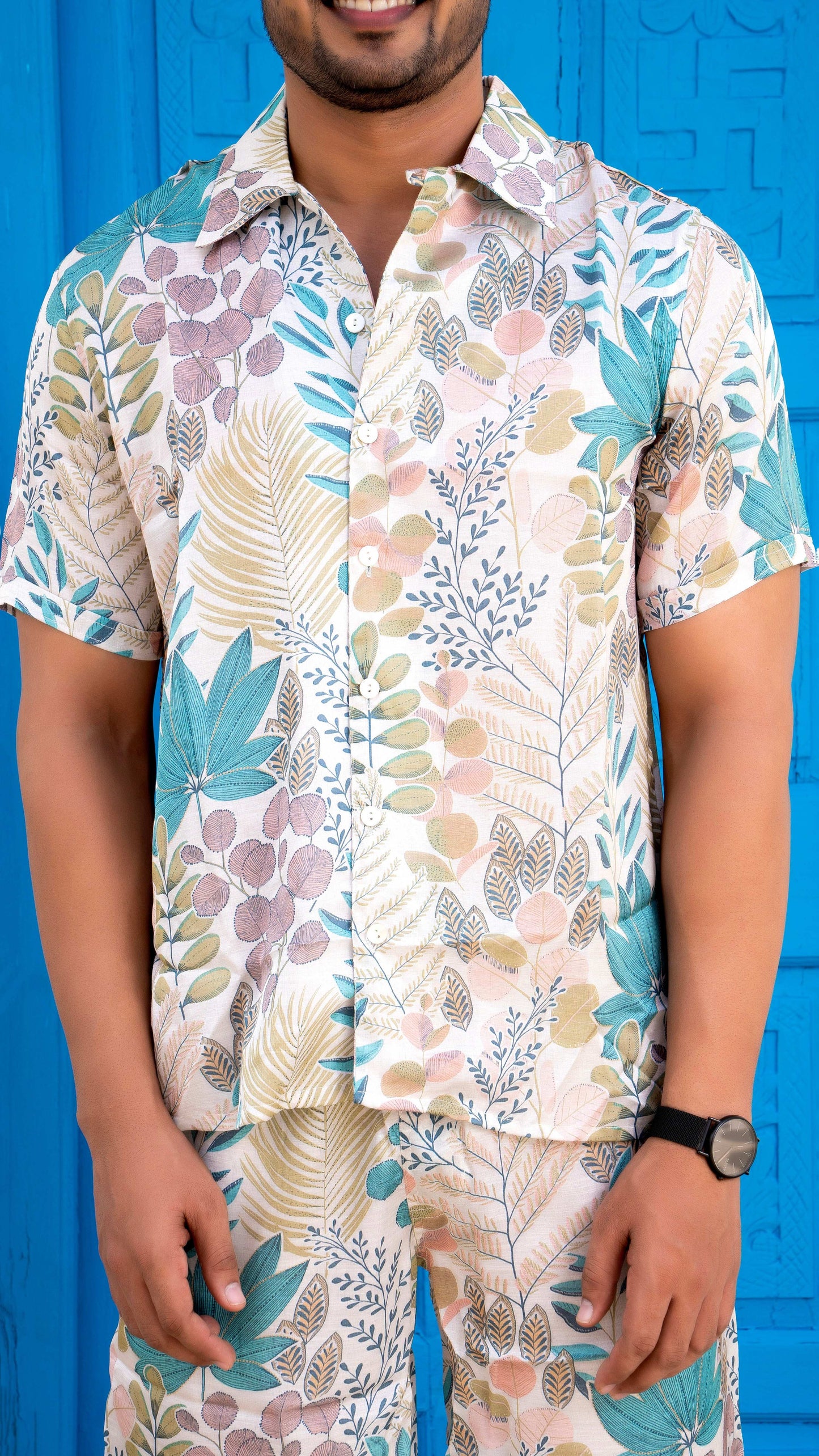 Noroke Sustainable fabric | Linen Satin Linen Blue Leaf Co-ord Set Men