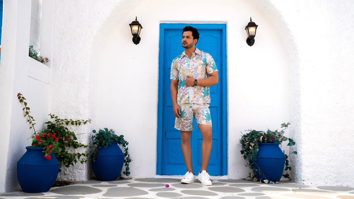 Noroke Sustainable fabric | Linen Satin Linen Blue Leaf Co-ord Set Men