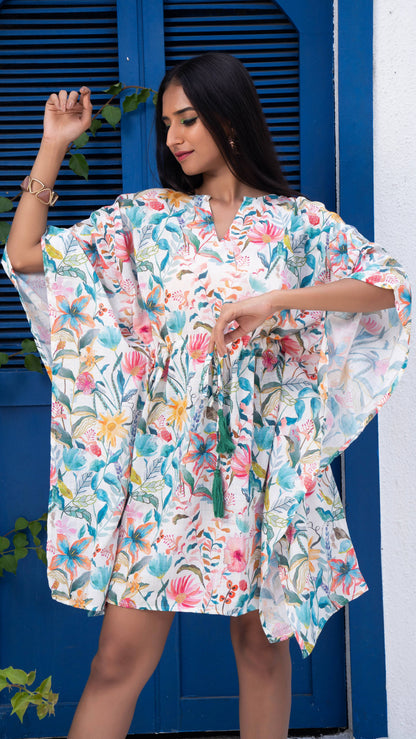 Noroke Linen Floral Short Kaftan Dress - Printed