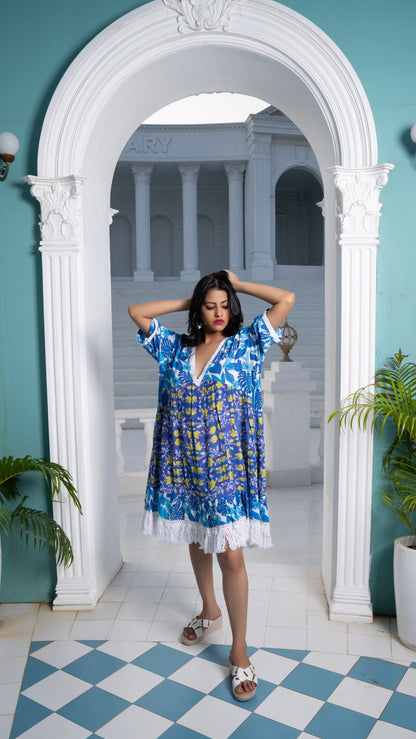 Noroke Sustainable fabric | Cupro Muslin Blue Pottery Tassel Dress