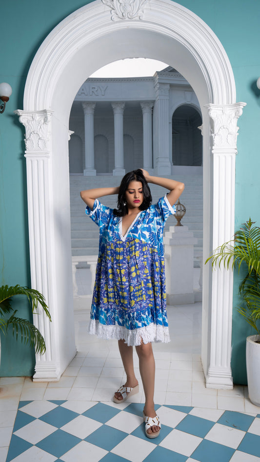 Noroke Sustainable fabric | Cupro Muslin Blue Pottery Tassel Dress