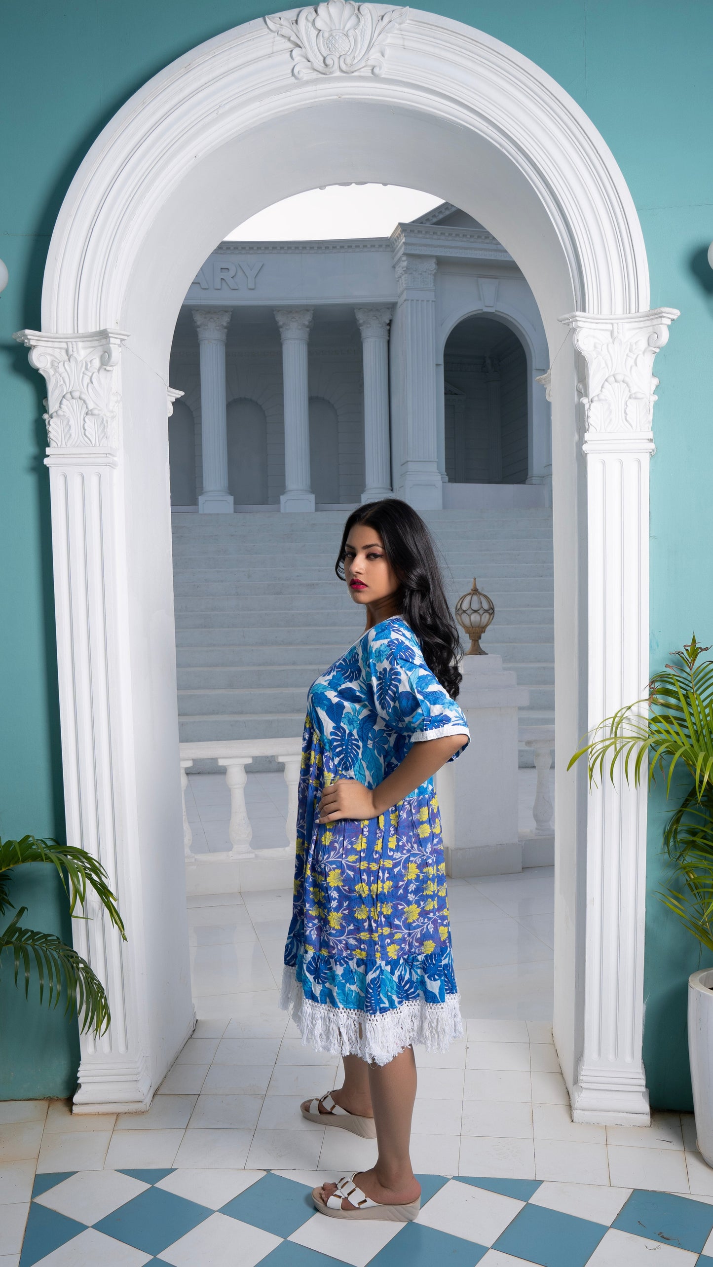 Noroke Sustainable fabric | Cupro Muslin Blue Pottery Tassel Dress