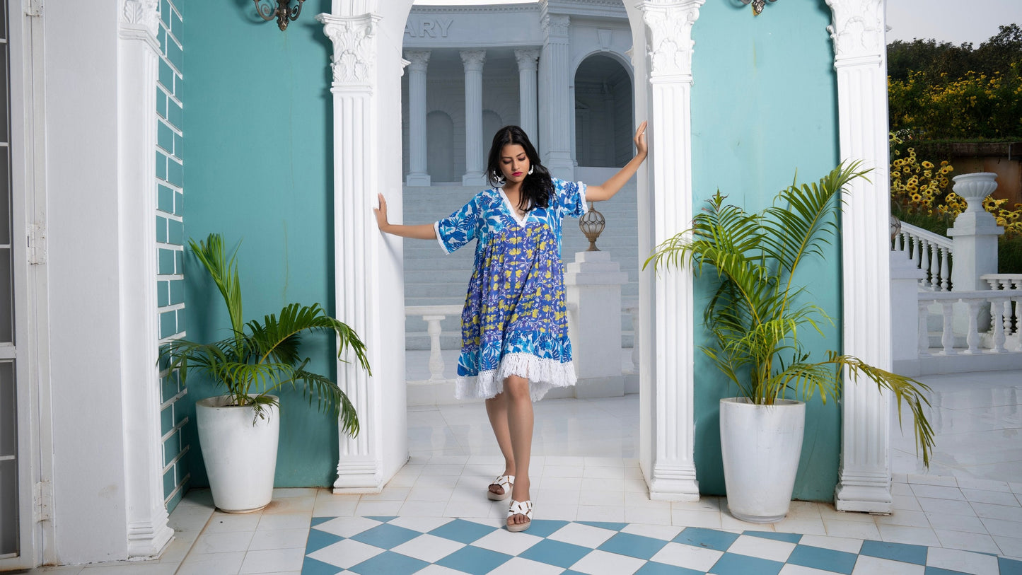 Noroke Sustainable fabric | Cupro Muslin Blue Pottery Tassel Dress