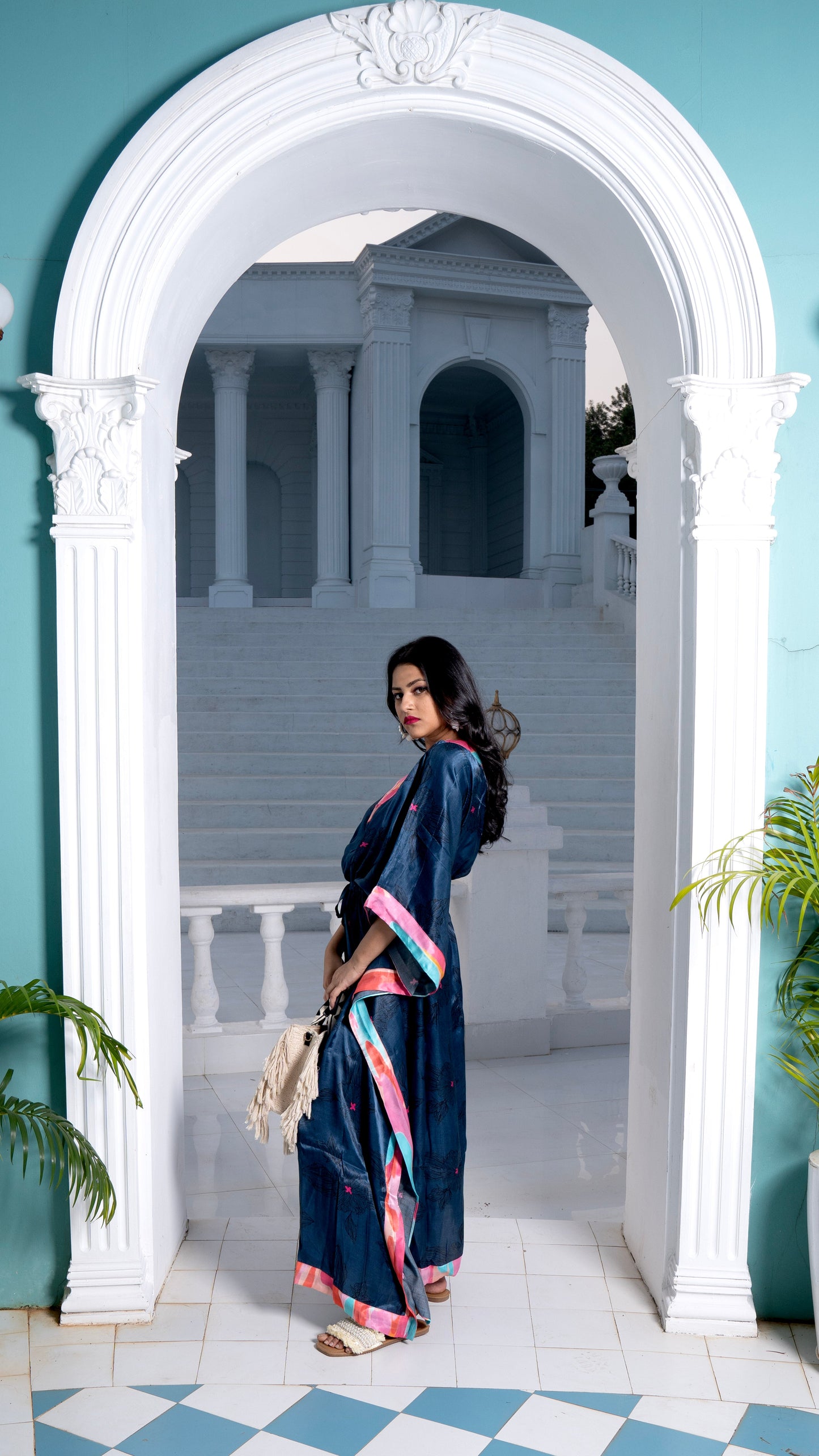 Noroke Modal Steel Blue Printed Long Kaftan