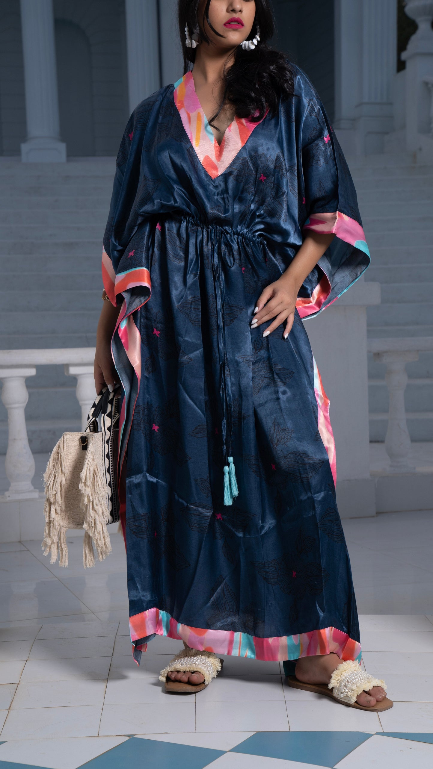 Noroke Modal Steel Blue Printed Long Kaftan
