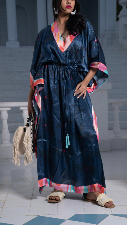 Noroke Modal Steel Blue Printed Long Kaftan