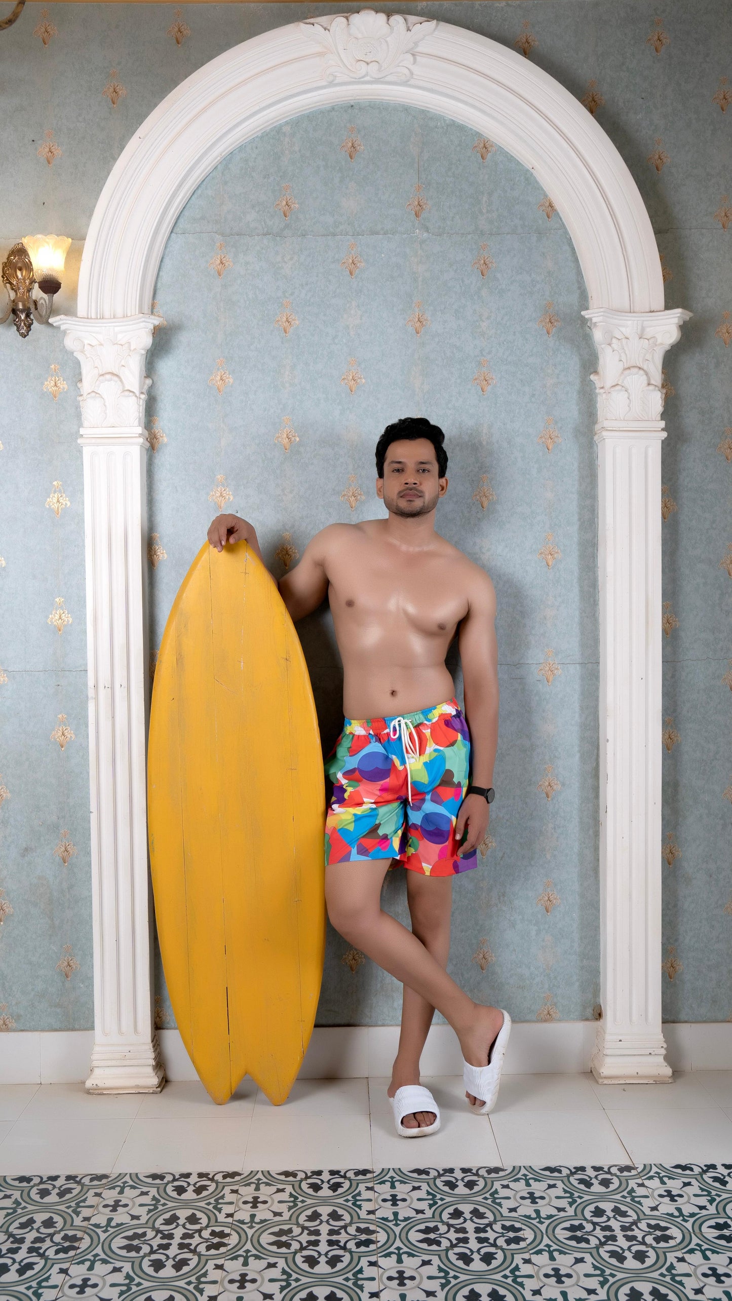 Noroke Sustainable fabric | Poly elastane Red Geometric Patterned Men Board Shorts
