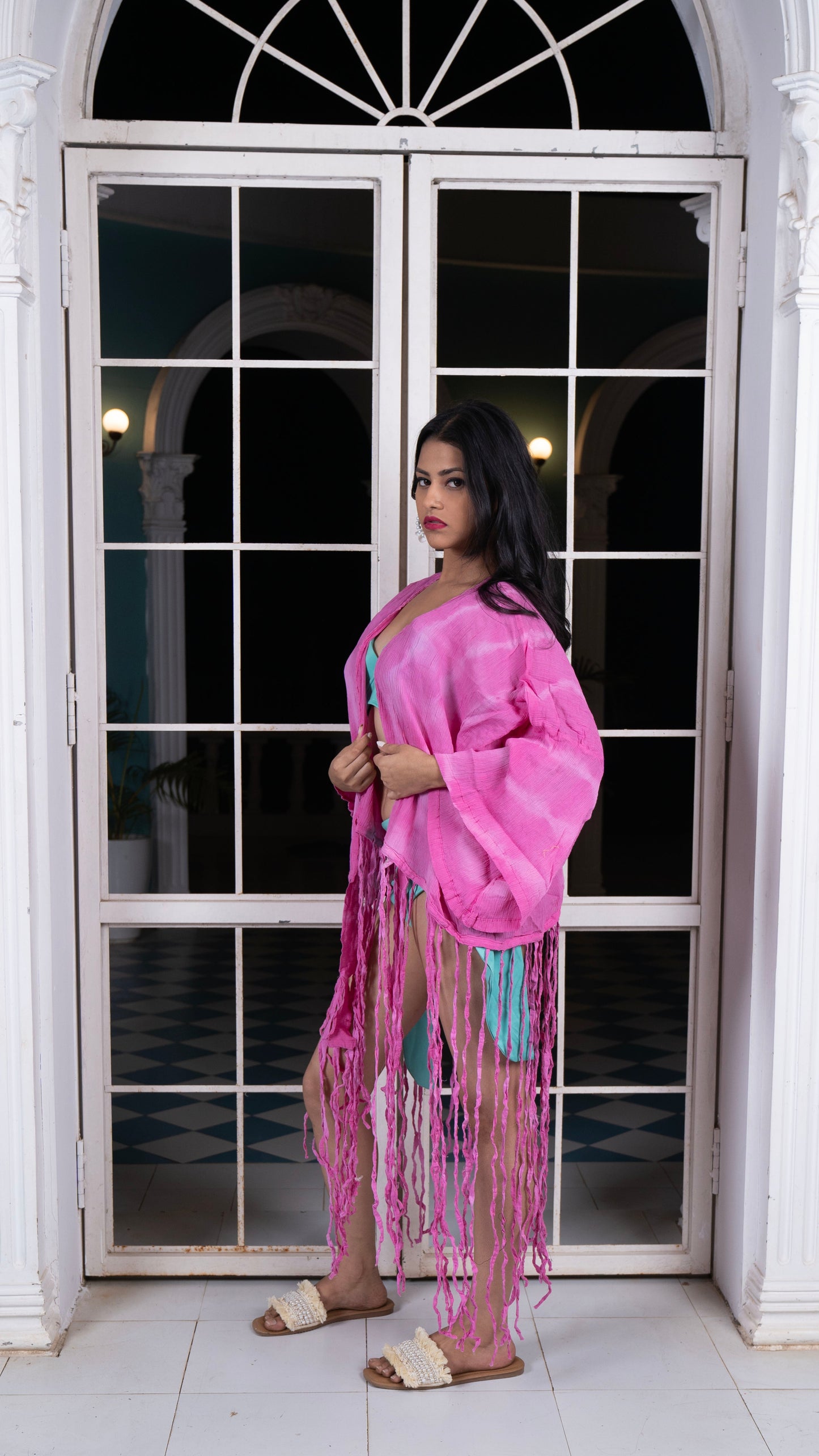 Noroke Crepe Fringes Beachwear Cover Up - Pink