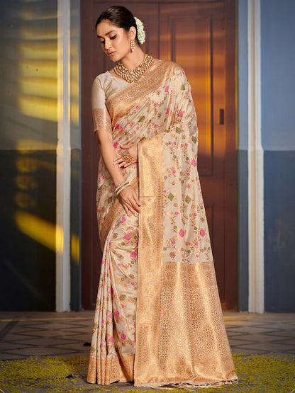 Shree Shyam Fashion Graceful White Banarasi Silk Saree with Golden Zari Woven Border & Floral Jaal - Wedding & Festive Wear