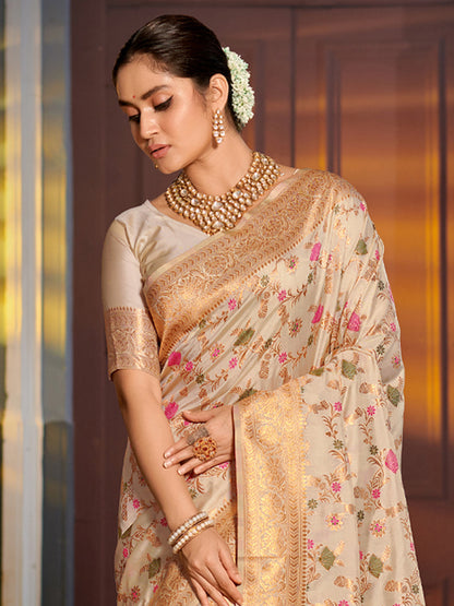 Shree Shyam Fashion Graceful White Banarasi Silk Saree with Golden Zari Woven Border & Floral Jaal - Wedding & Festive Wear