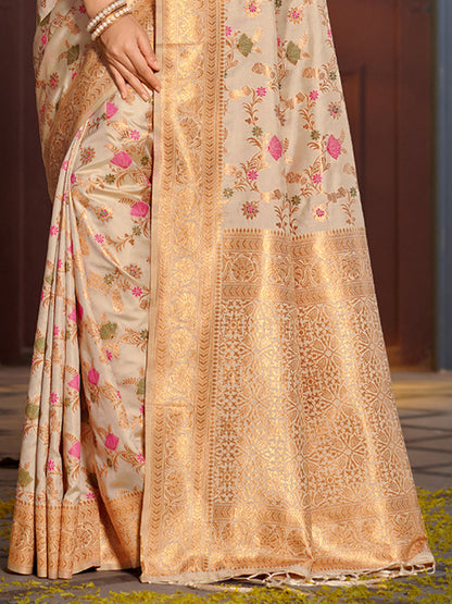 Shree Shyam Fashion Graceful White Banarasi Silk Saree with Golden Zari Woven Border & Floral Jaal - Wedding & Festive Wear