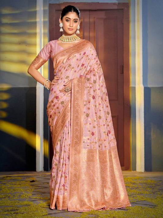 Shree Shyam Fashion Graceful Pink Banarasi Silk Saree with Golden Zari Woven Border & Floral Jaal - Wedding & Festive Wear