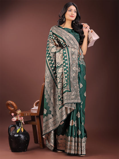 Shree Shyam Fashion Graceful Green Banarasi Silk Saree with Silver Zari - Perfect Ethnic Wear for Weddings & Festive Moments