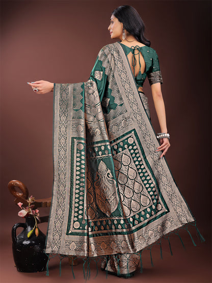 Shree Shyam Fashion Graceful Green Banarasi Silk Saree with Silver Zari - Perfect Ethnic Wear for Weddings & Festive Moments
