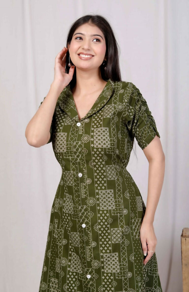 Miravan Women's Pure Cotton Floral Printed Green Button Down A-Line Midi Dress