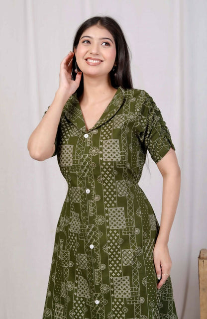 Miravan Women's Pure Cotton Floral Printed Green Button Down A-Line Midi Dress