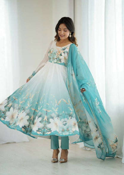 Teeya Creation Aquablue Color Soft organza Silk Digital Print Party Wear Gown