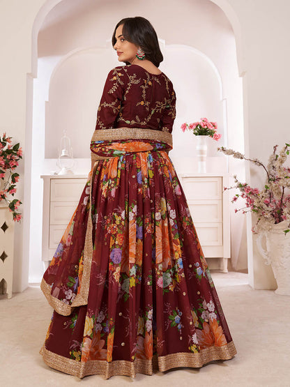 Myra Maroon Digital Printed Georgette Lehanga