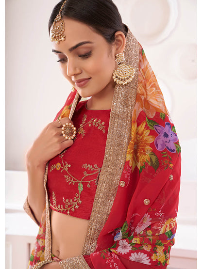 Myra Red Digital Printed Gorgette Lehanga