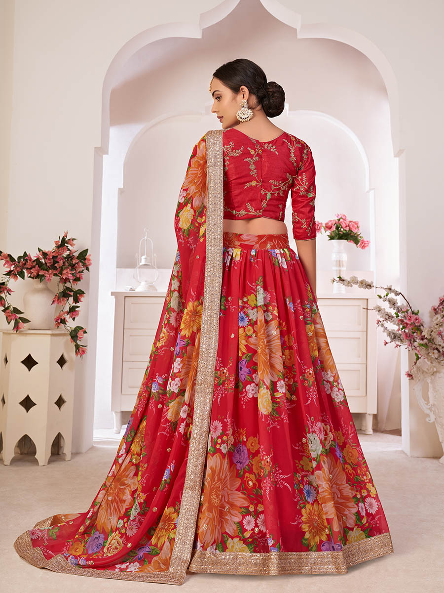 Myra Red Digital Printed Gorgette Lehanga