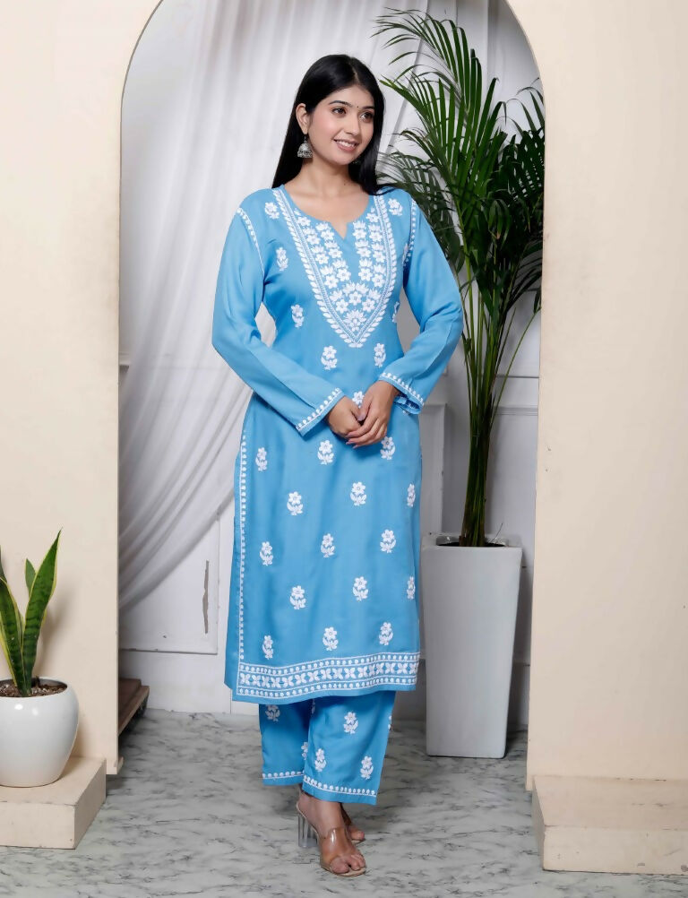 Miravan Women's Chikankari Embroidery Sky Blue Straight Kurta And Palazzo