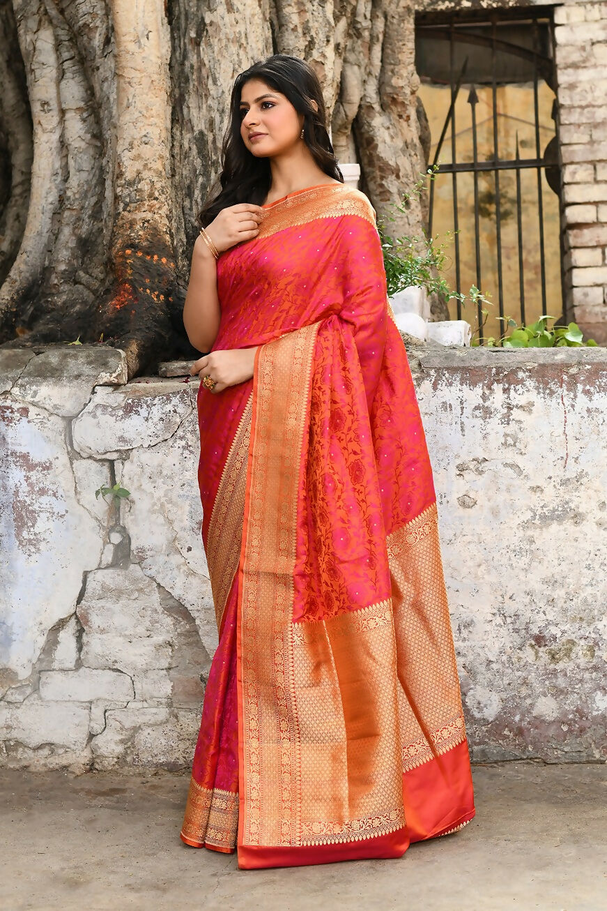 Joban Fashion Red Pure Katan Pure Handloom Banarasi Silk Saree