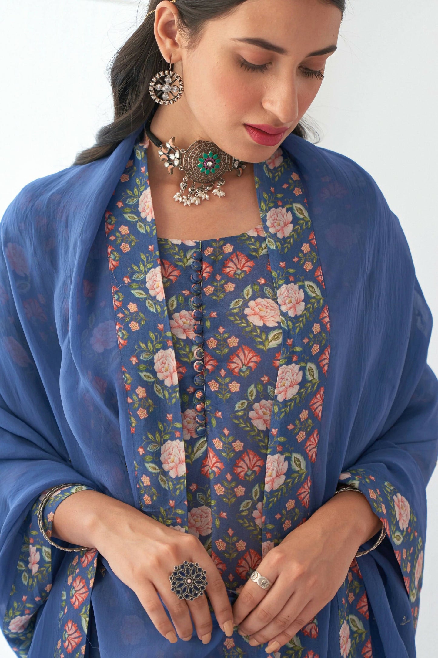 Designer Stylish Blue Muslin Stitched Suit With Dupatta - Anbazaar
