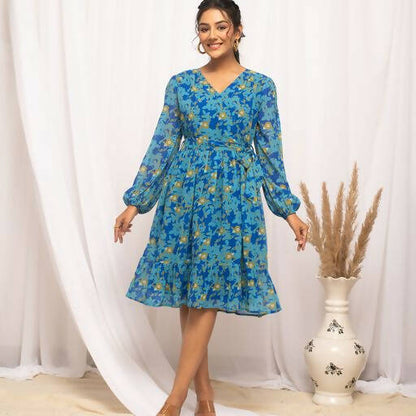 FIORRA Women's Navy Blue Georgette Floral Printed Western Dress