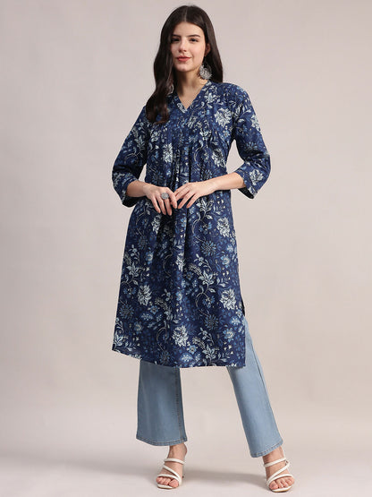 Aavyora Women's Navy Blue Floral Printed Cotton A-Line Kurta with Pintuck Detailing