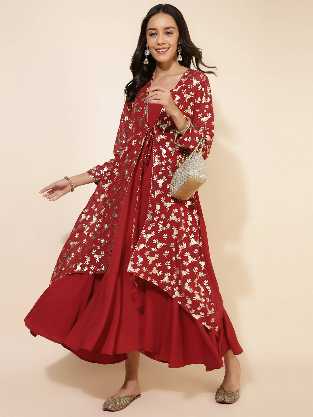 Janasya Women's Red Georgette Foil Printed Festive Flared Dress Set