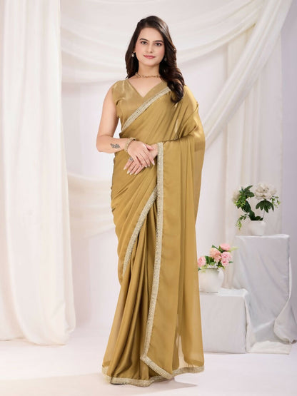 Chiku Rangoli Silk Solid, Lace Border Ready To Wear Saree - Kashvi