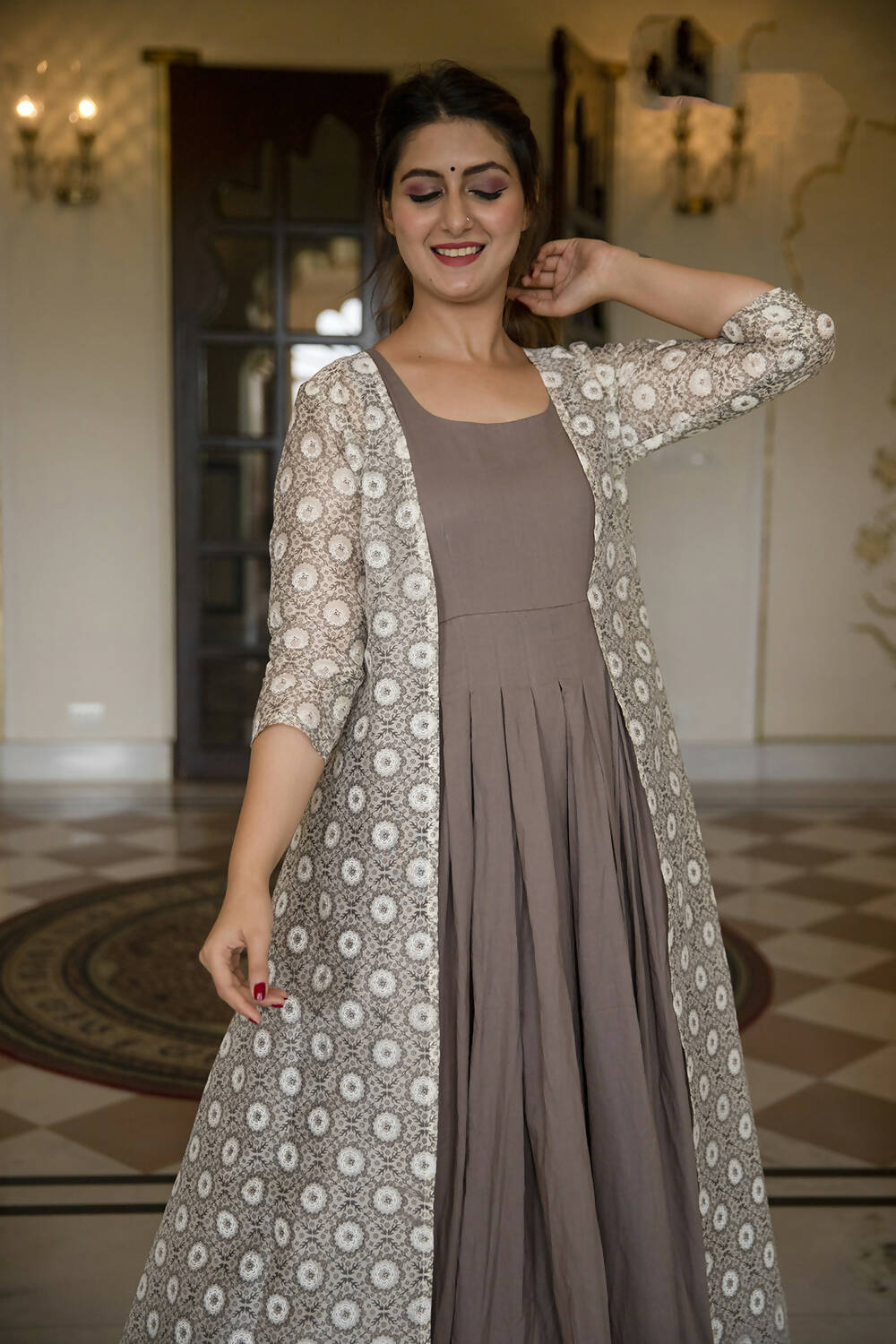 Partywear Designer Digital print Grey Maslin Gown - Anbazaar
