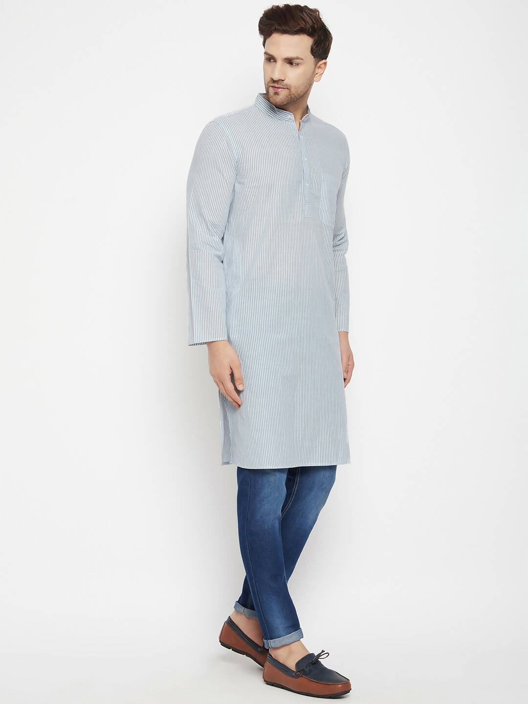 Even Apparels Grey Pure Cotton Men's Long Kurta With Band Collar