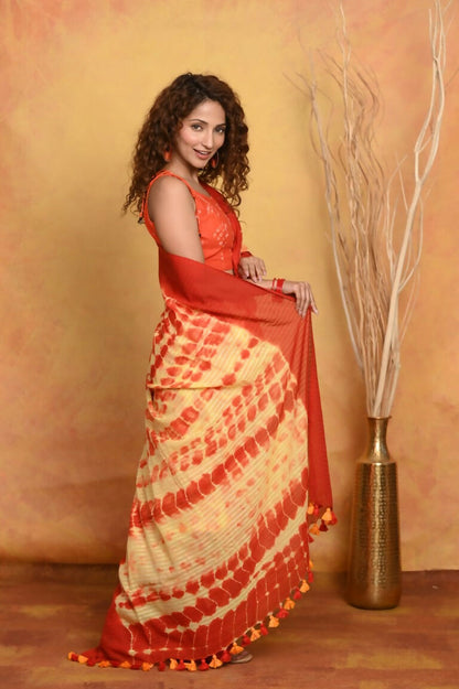 Very Much Indian Tie & Dye Handloom Mul Cotton Saree - Yellow Red