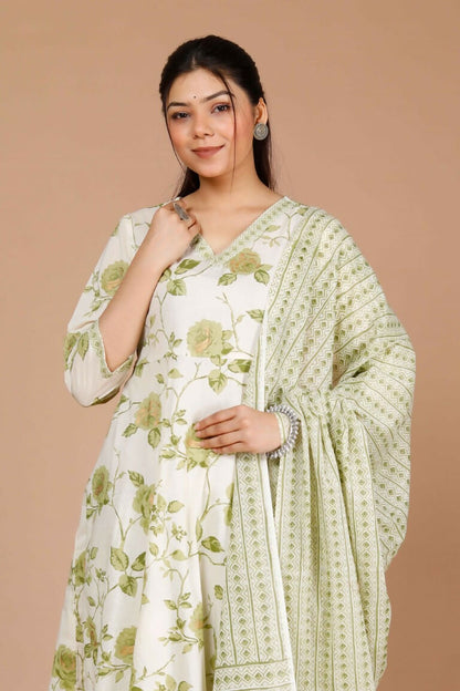 Miravan Women's Green Printed Anarkali Kurta With Palazzo And Dupatta