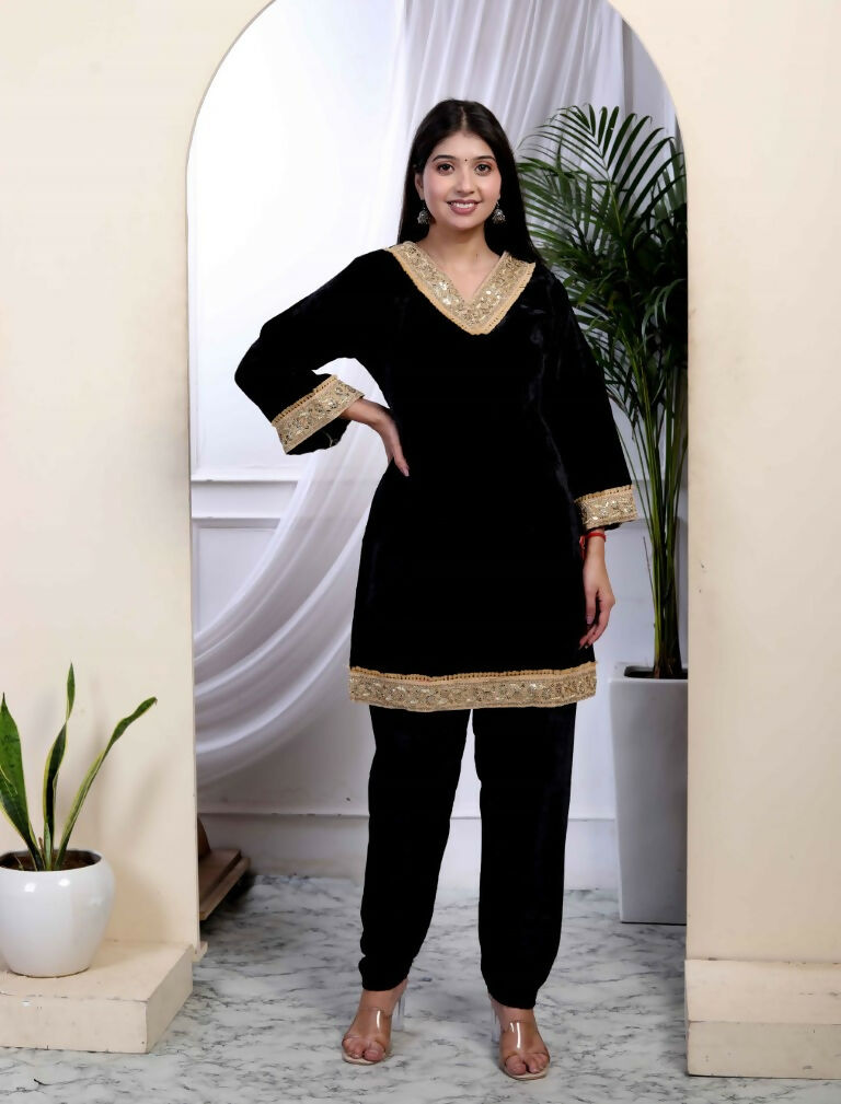 Miravan Women's Black Velvet Dreams Embroidered Co-ord Set