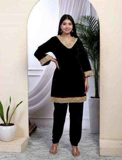 Miravan Women's Black Velvet Dreams Embroidered Co-ord Set