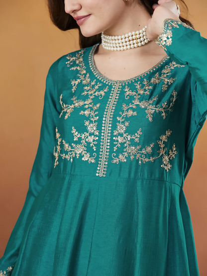 The52 Rama Women's Beautiful Vichitra Silk Fabric Embroidered Work Flared Anarkali Pant and Dupatta Set