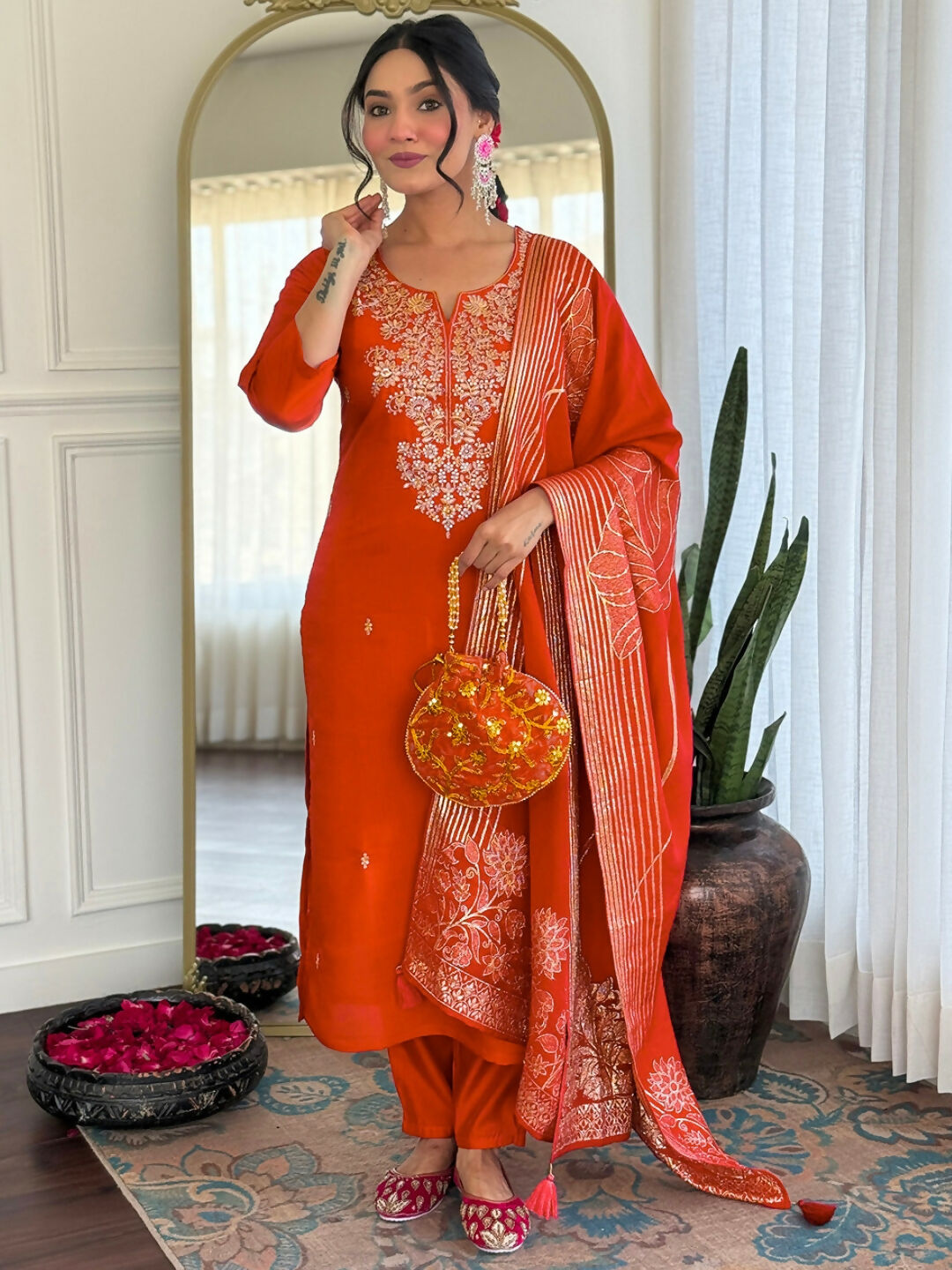 The52 Rust Women's Gorgeous Roman Silk Fabric Straight Kurta, Pant and Dupatta Set