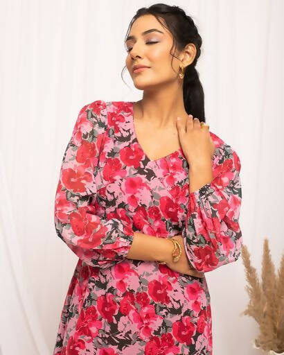 FIORRA Women's Red & Pink Georgette Floral Printed Western Dress