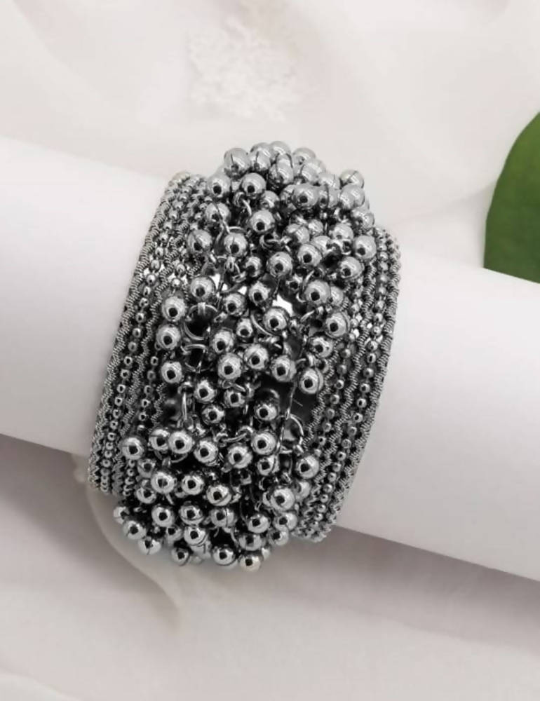 Mominos Fashion Oxidised Silver Plated Openable Bracelet With Ghungroo