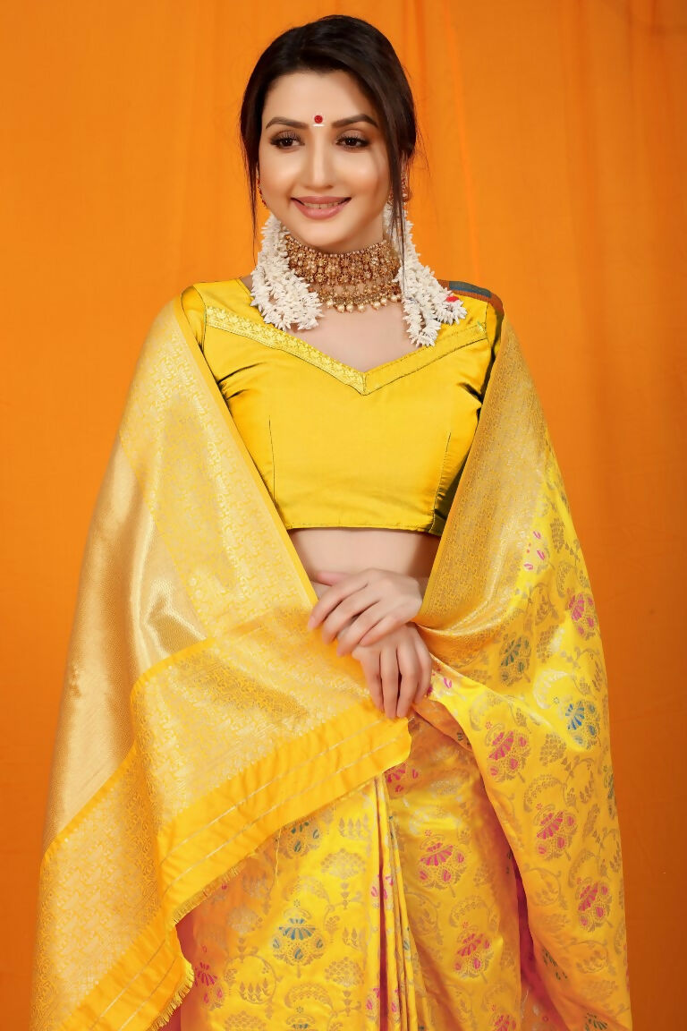 Jyoti Fashion Women's Yellow Kanjivaram Silk Zari Woven Saree with Blouse