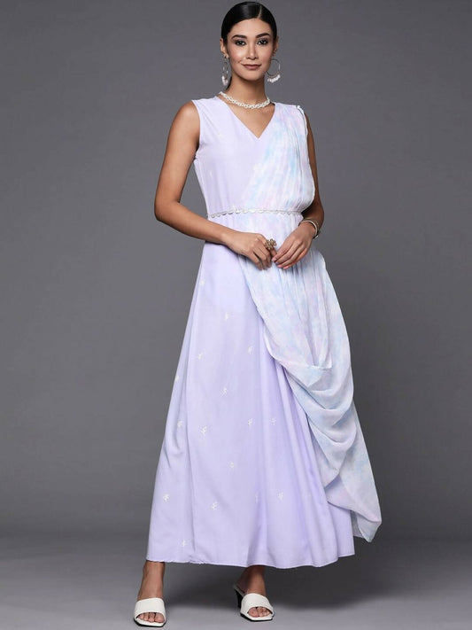 Ahalyaa Blue & White Floral Print Ethnic Maxi Dress with Attached Dupatta