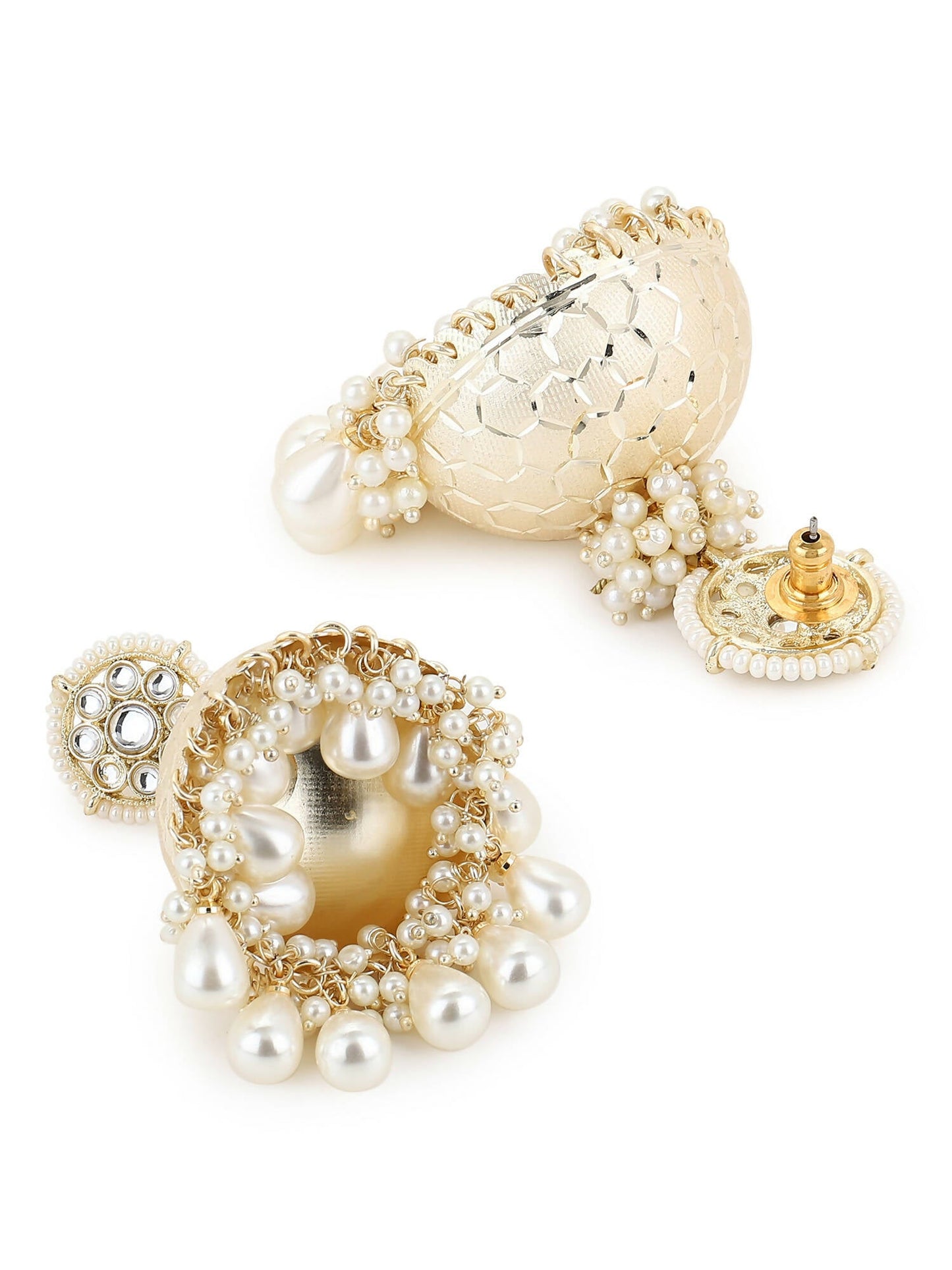 Gold-Toned White Pearl Beaded Contemporary Gold-Polished Jhumkas Earrings - Ruby Raang