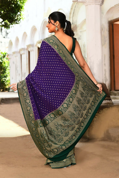 Joban Fashion Purple Crepe Chiffon Pure Handloom Banarasi Silk Saree