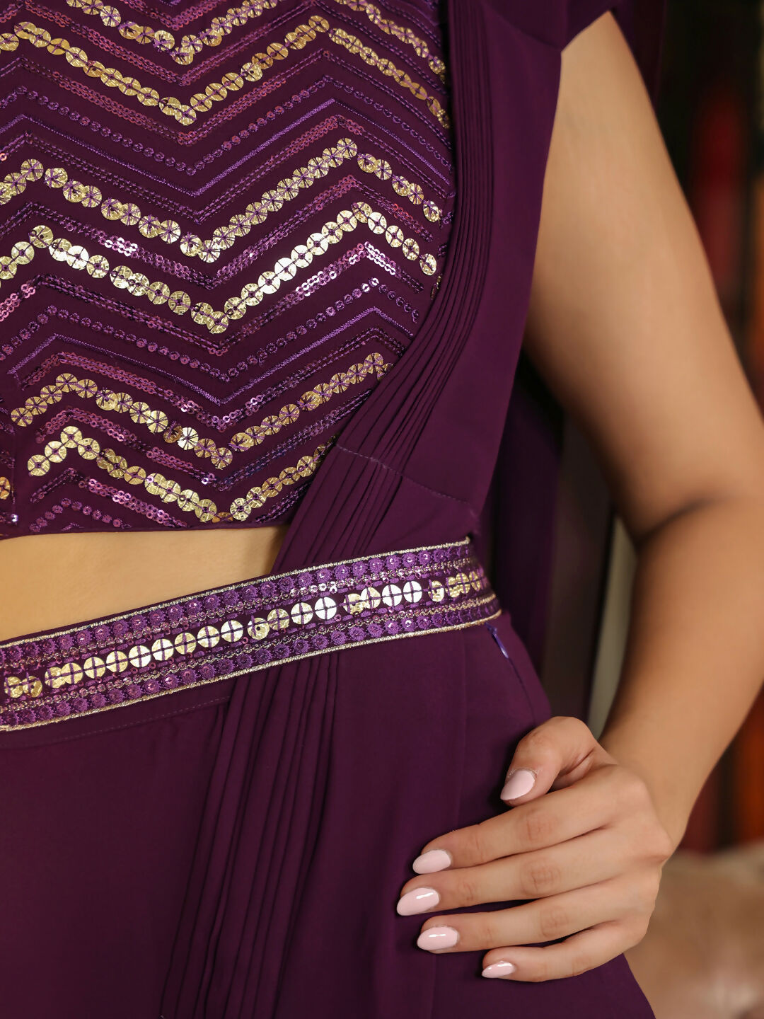 Janasya Purple Georgette Sequined Saree and Blouse