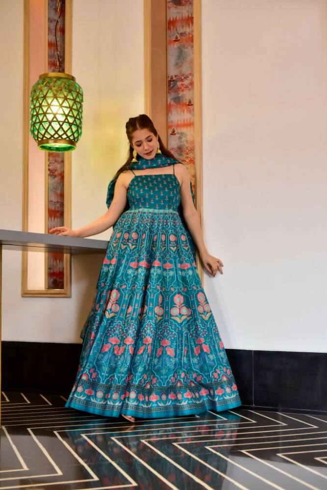 Partywear Designer Light Steel Blue Pure Maslin Gown - Anbazaar