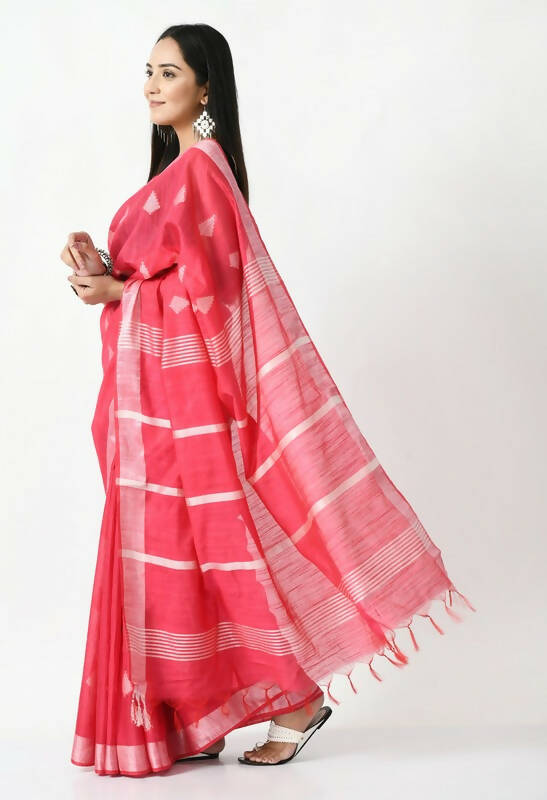 Mominos Fashion Moeza Rose Pink All Over Buti Handloom Silk Saree with unstitched Blouse piece