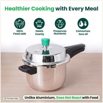 The Indus Valley QuicKooker Tri-Steel Stainless Steel Pressure Cooker, Premium Quality, 3 Layer Heavy Bottom, 100% Safe, ISI Certified, Induction & Gas, 3/5 L